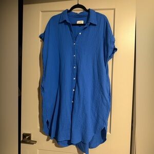Blue Button-Up Women's Linen Dress